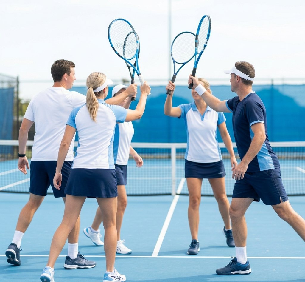 Adults playing tennis in a coaching session