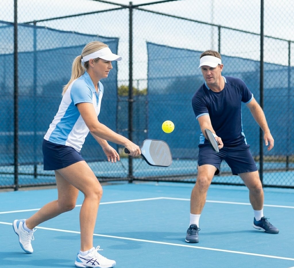 A player hitting during a pickleball game