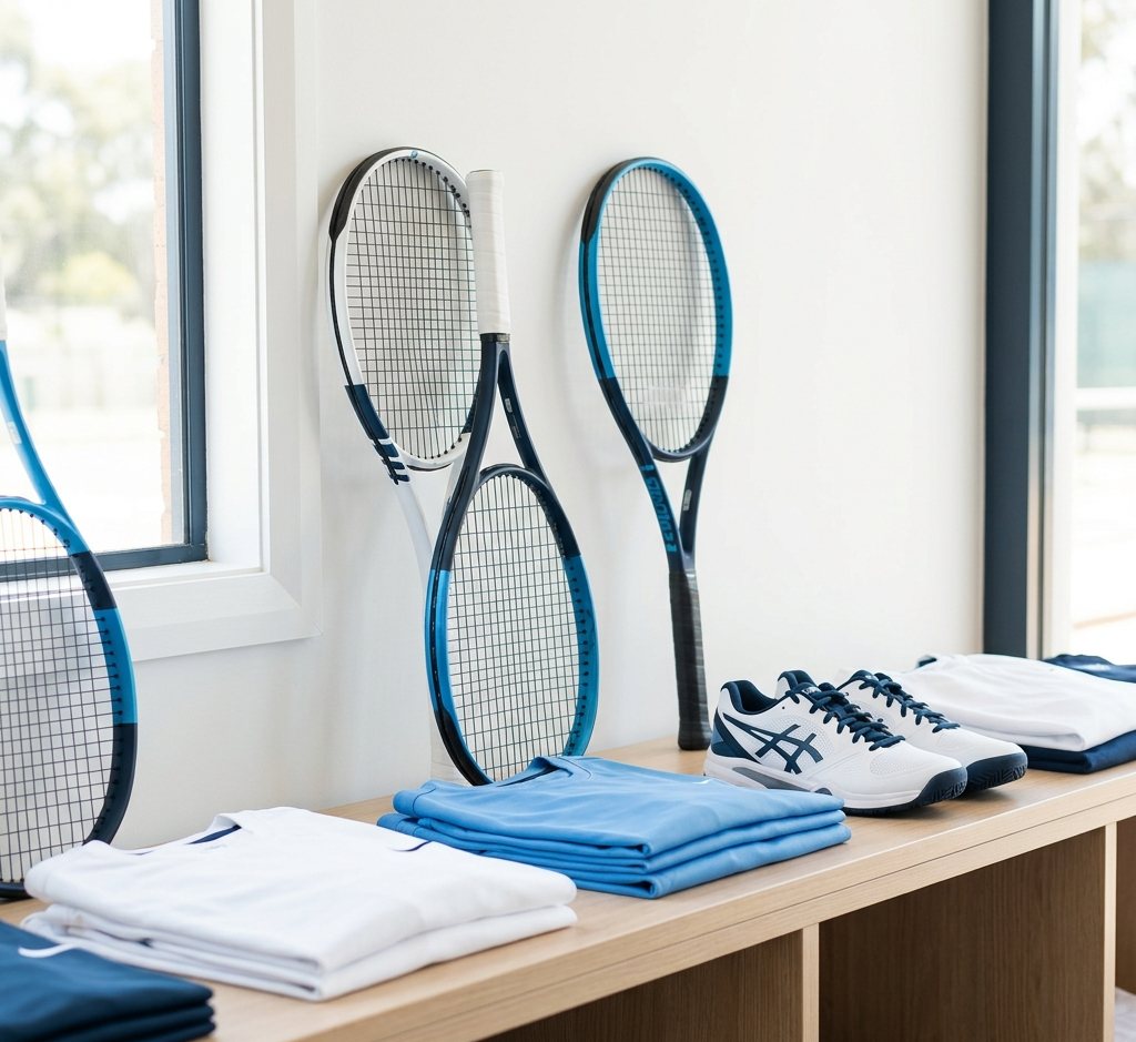 Tennis racquets, apparel and shoes in the pro shop